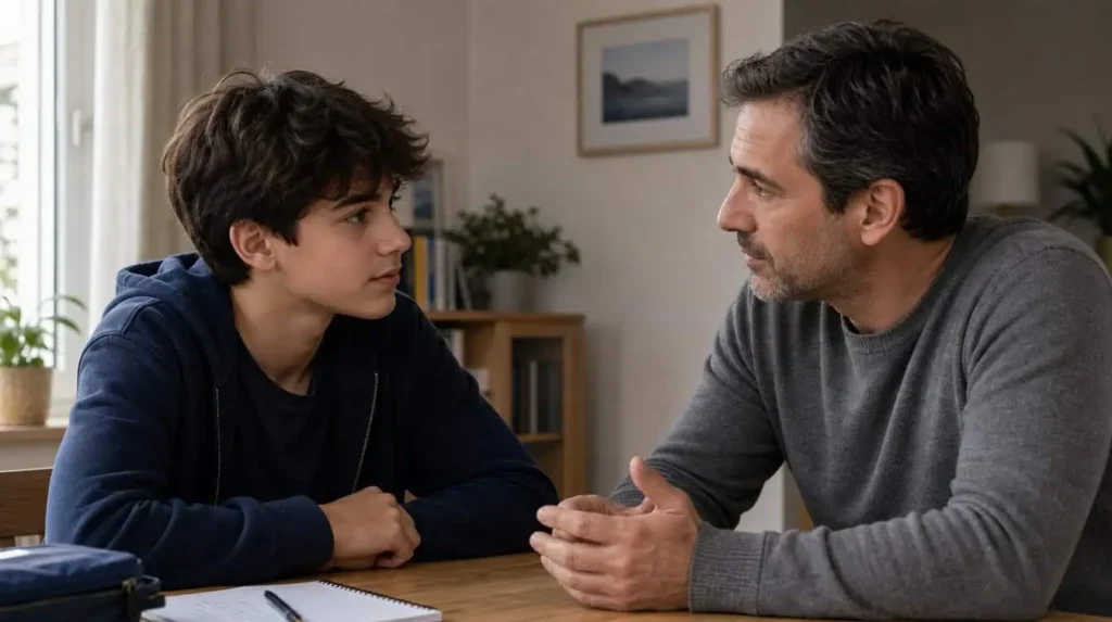Dialogue calme entre adolescent et parent
