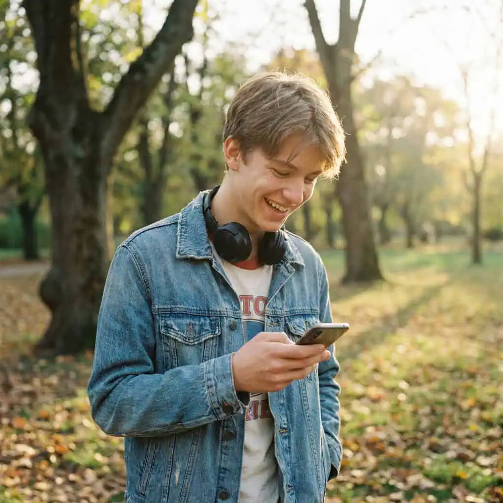adolescent souriant avec un smartphone ou des écouteurs, lumière naturelle, ambiance décontractée, tons doux