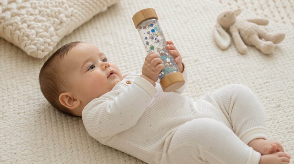 bébé 6 mois manipule une bouteille sensorielle transparente (1)