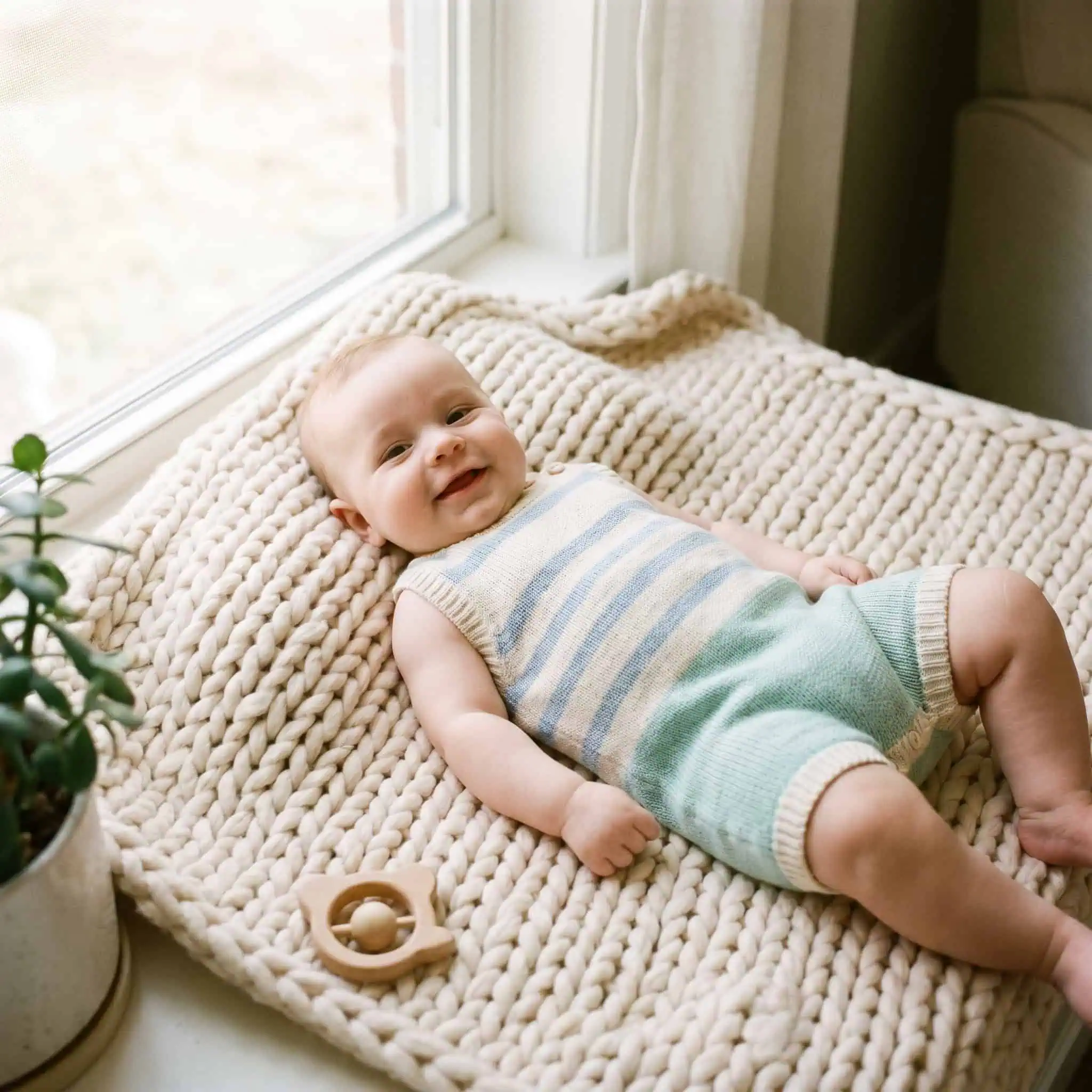 bébé souriant allongé sur une couverture douce, lumière naturelle, tons pastel clairs, ambiance tendre et paisible