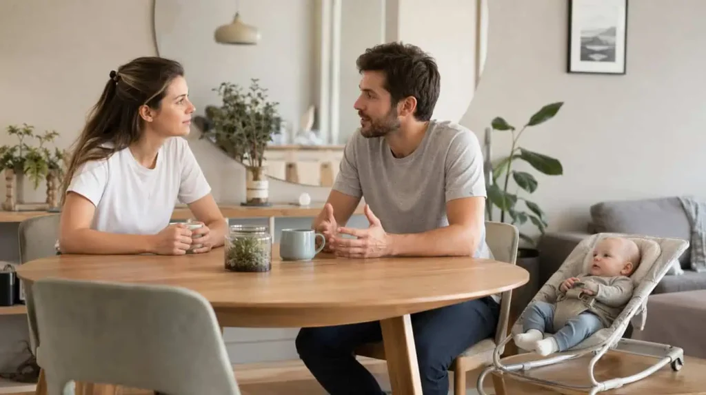 communication dans le couple avec un bébé, jeunes parents qui discutent