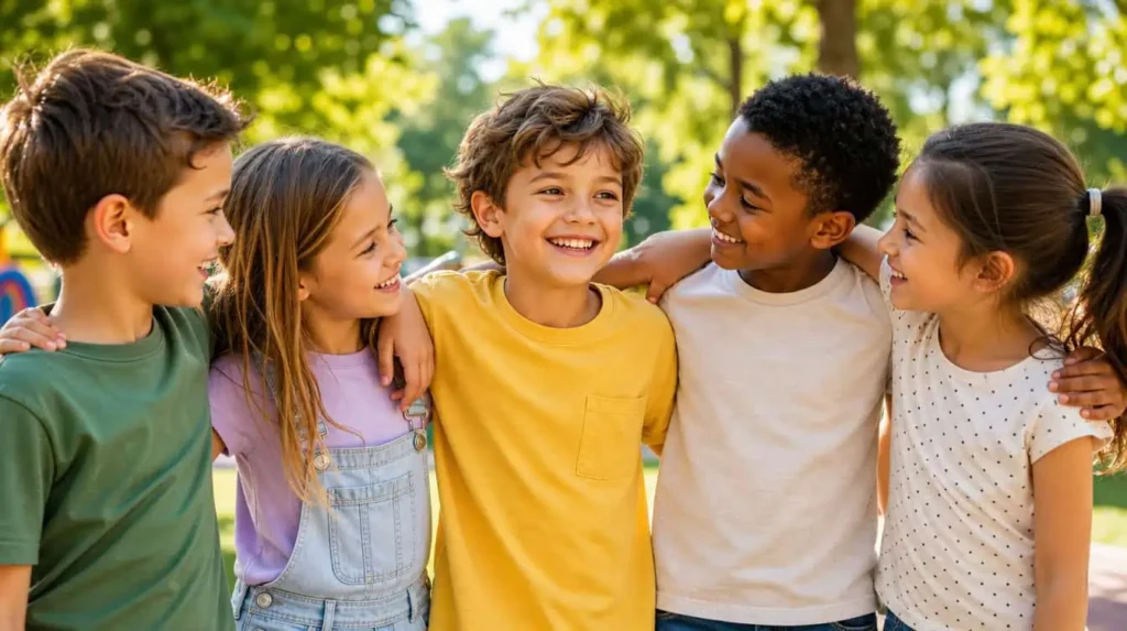 enfant épanoui avec ses amis après accompagnement contre harcèlement scolaire