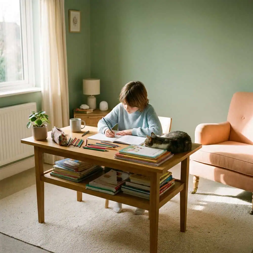 enfant faisant ses devoirs à un bureau, lumière naturelle, ambiance studieuse mais chaleureuse, tons pastel