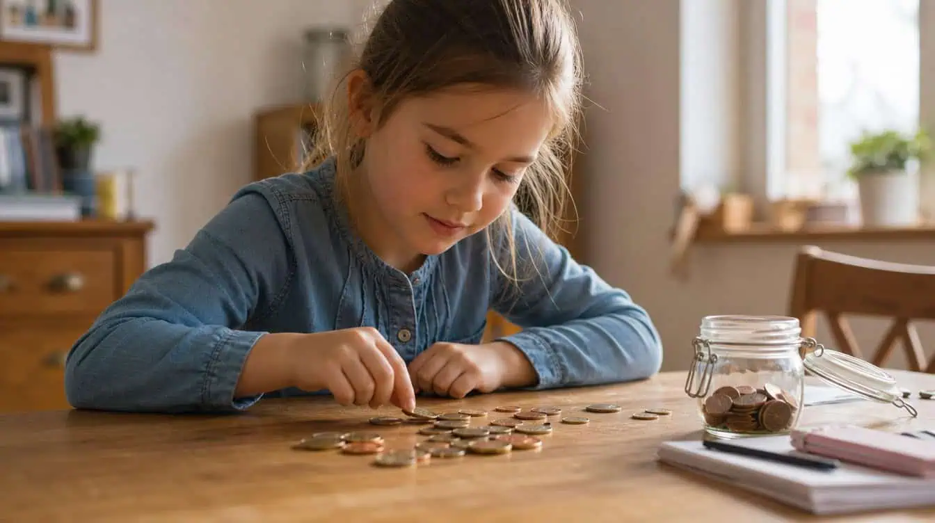 enfant qui apprend à compter son argent de poche sur une table