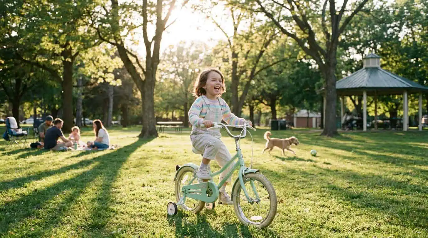 enfant qui fait du vélo dans un parc, lumière naturelle, ambiance joyeuse, tons pastel