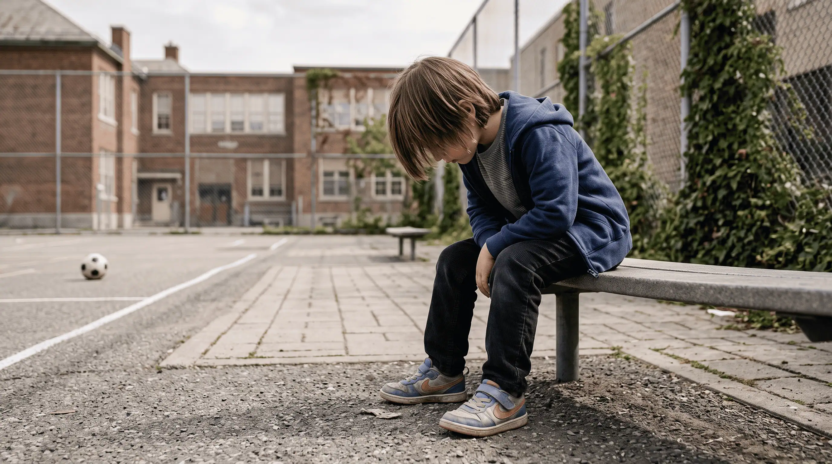 enfant victime de harcèlement scolaire assise seule dans la cour de récréation