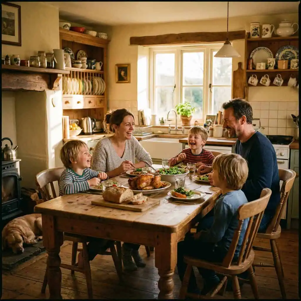famille partageant un repas ou un moment ensemble à la maison, lumière chaleureuse, ambiance conviviale