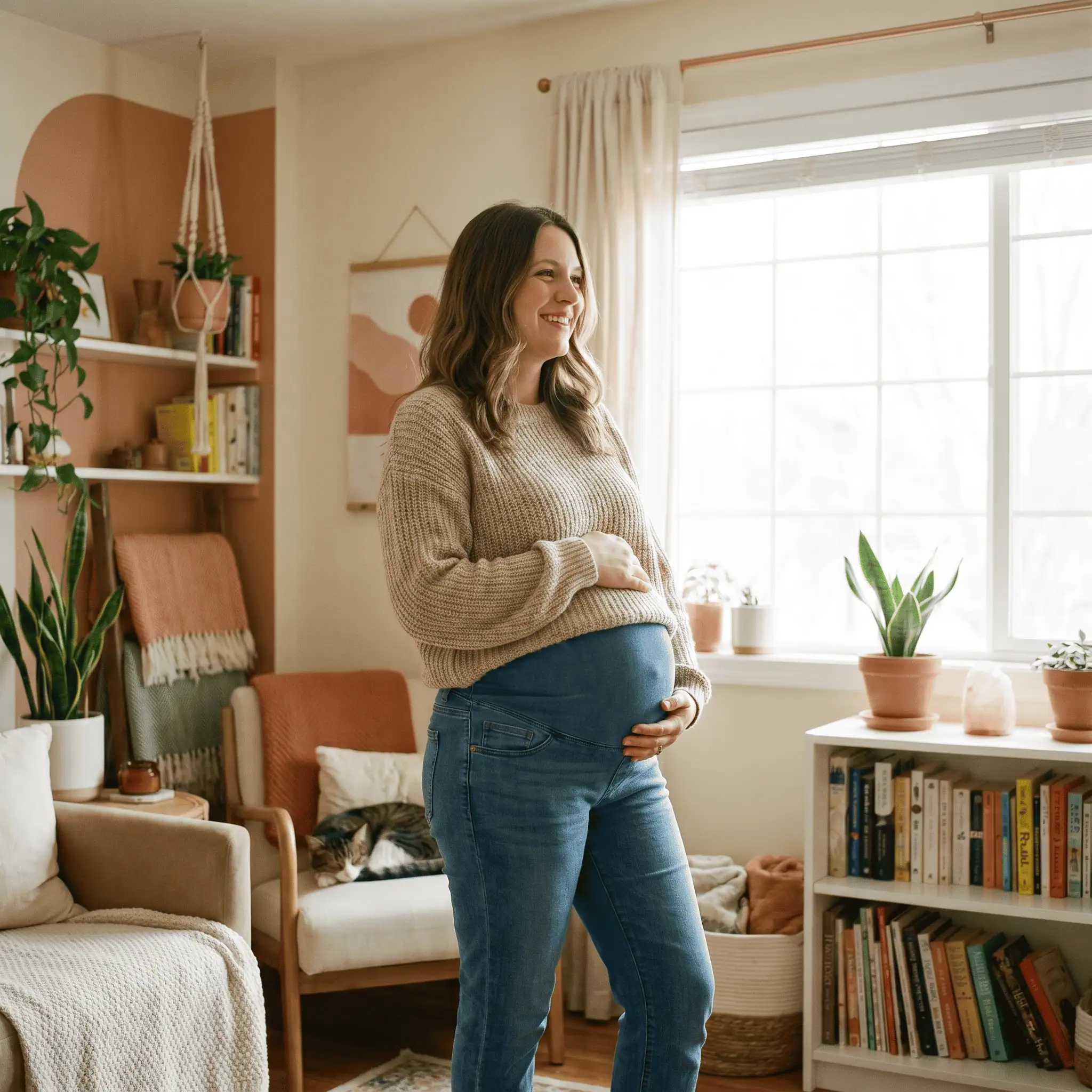 femme enceinte souriante tenant son ventre, lumière naturelle douce, intérieur cosy, tons pastel chauds, ambiance sereine