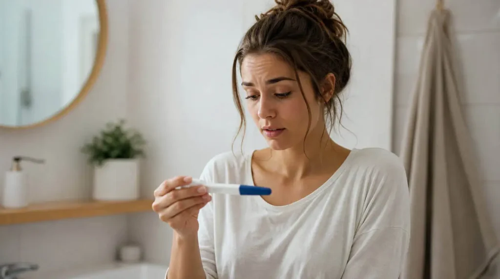 femme hésitante test de grossesse SPM ou grossesse