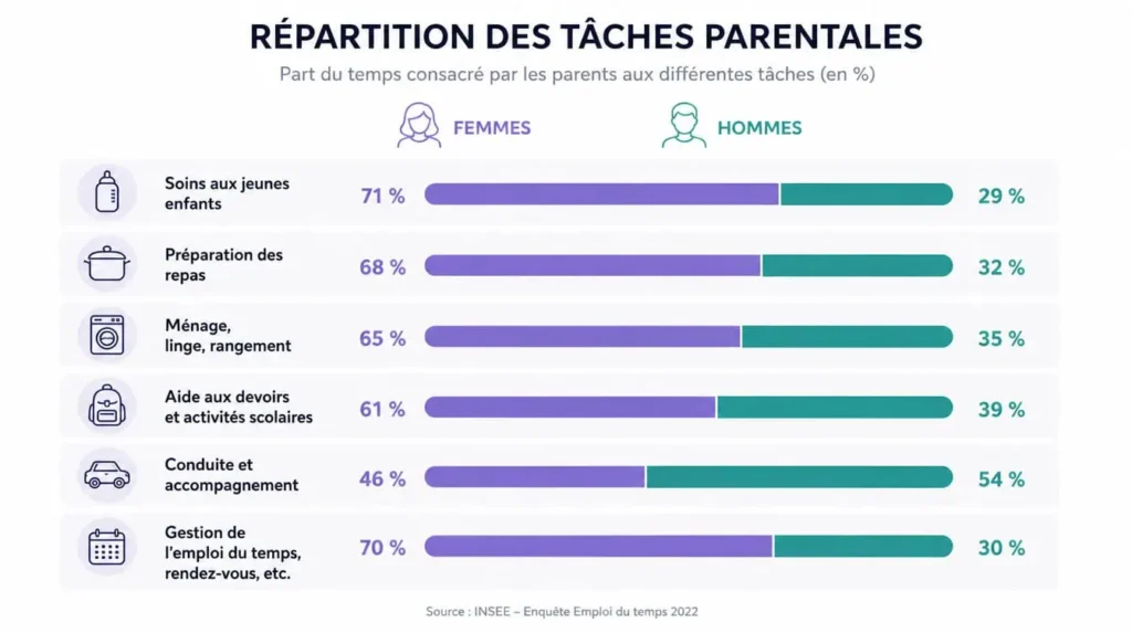 infographie répartition charge mentale parentale entre mères et pères en France