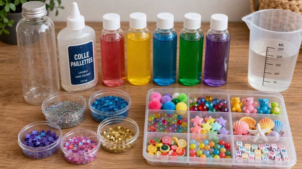 ingrédients pour fabriquer une bouteille sensorielle bébé DIY (1)
