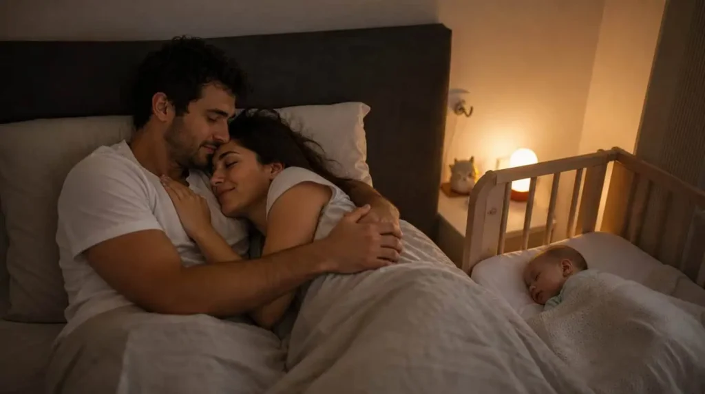 intimité conjugale après accouchement, couple tendresse avec bébé