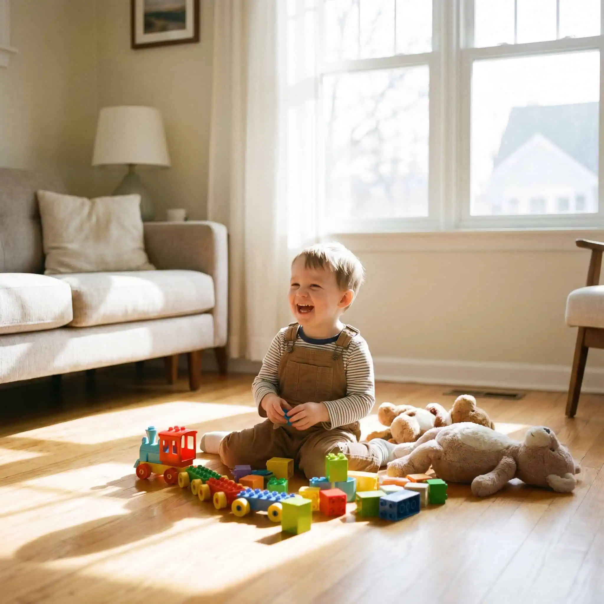 jeune enfant en train de jouer avec des jouets colorés, intérieur lumineux, ambiance joyeuse, tons doux