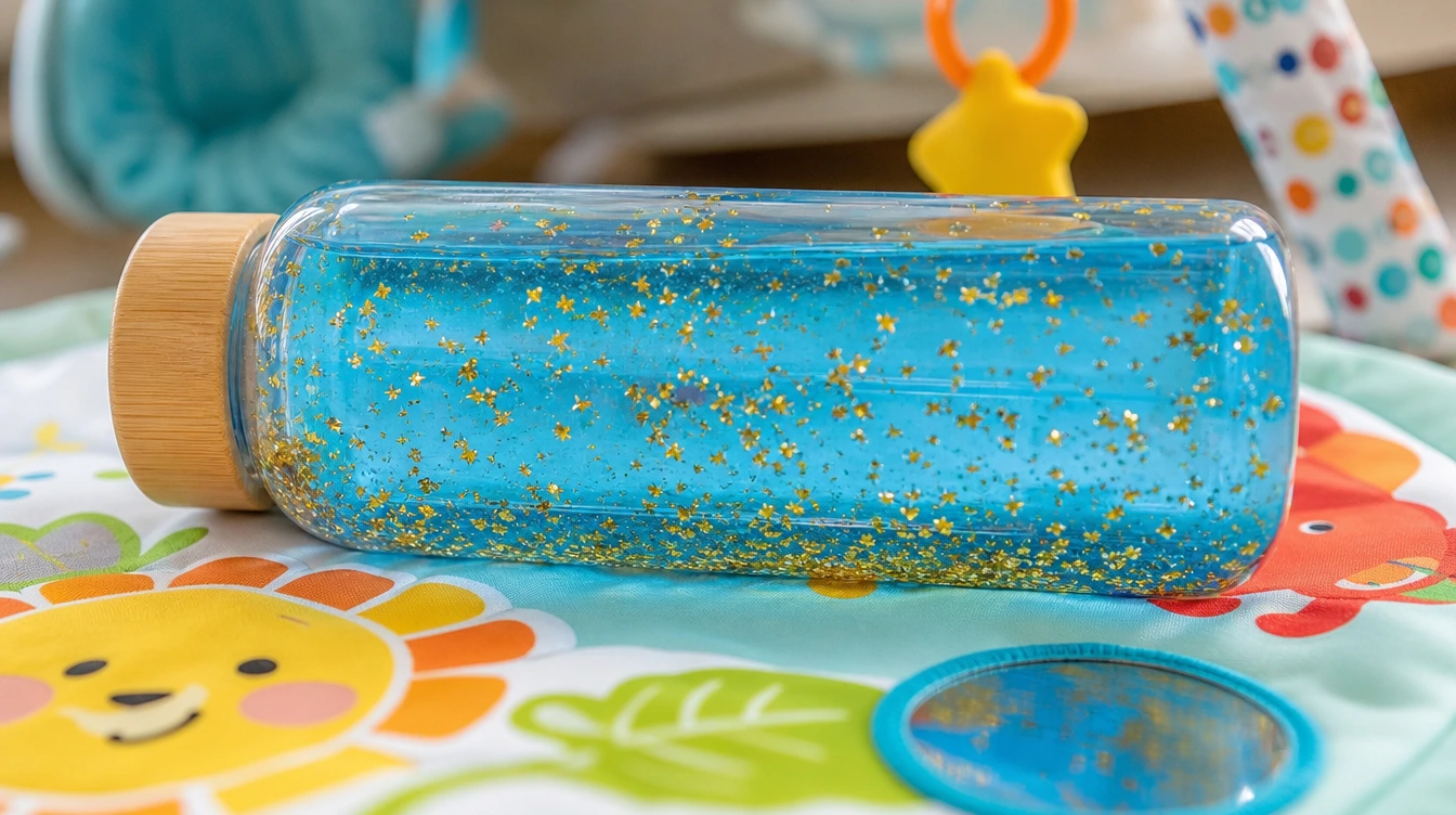 bouteille sensorielle bébé paillettes dorées sur tapis d'éveil