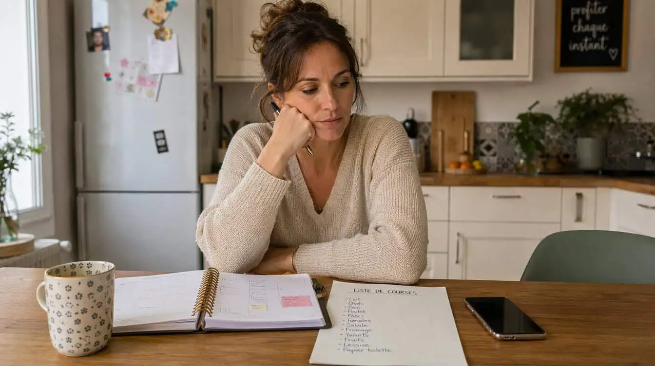 maman débordée par la charge mentale parentale à la maison, agenda et téléphone sur la table