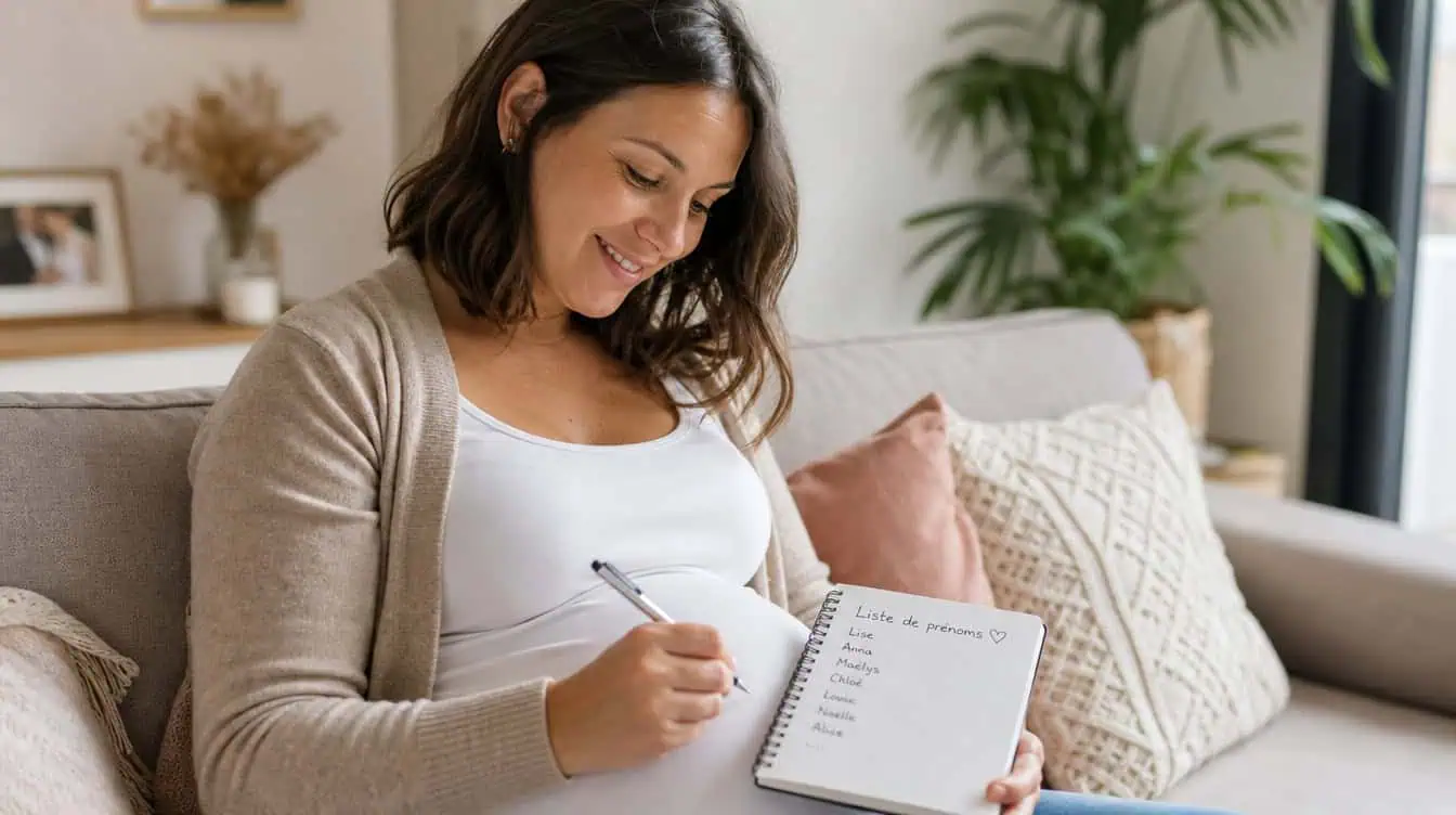 maman enceinte qui choisit un prénom pour son enfant dans un carnet