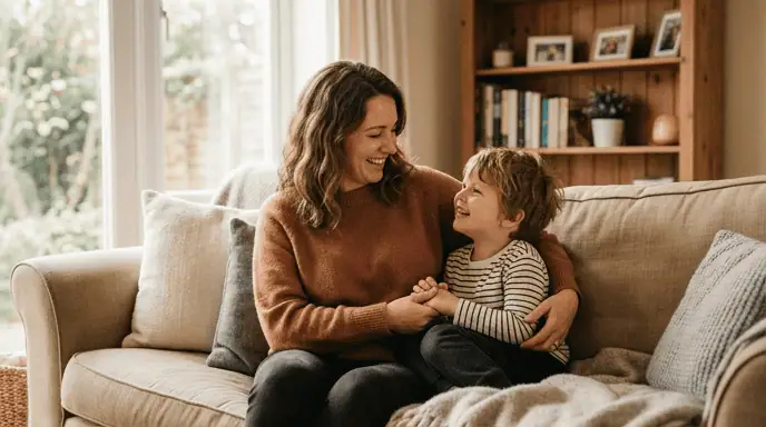 maman pratiquant la parentalité positive avec son enfant sur un canapé