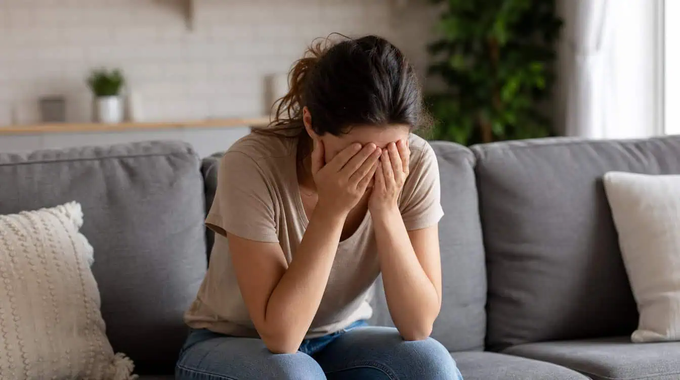 mère épuisée souffrant de burn-out parental assise sur un canapé