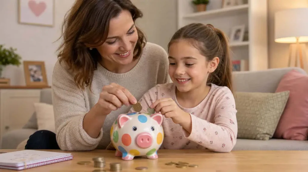 mère et enfant avec tirelire argent de poche hebdomadaire