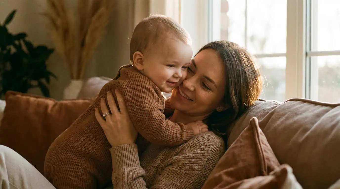 mère et son bébé en plein câlin, lumière douce, ambiance tendre, tons chauds