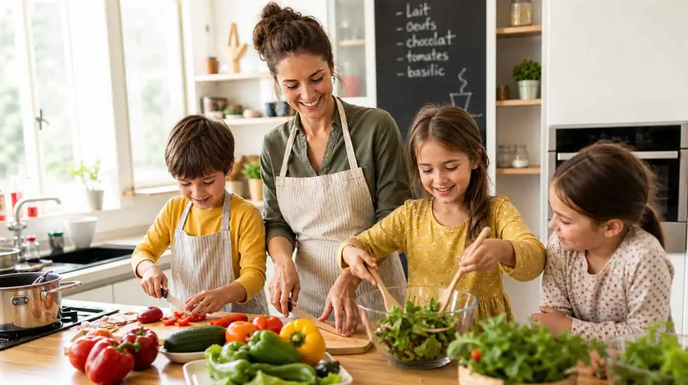 organisation famille nombreuse dans la cuisine avec enfants et maman