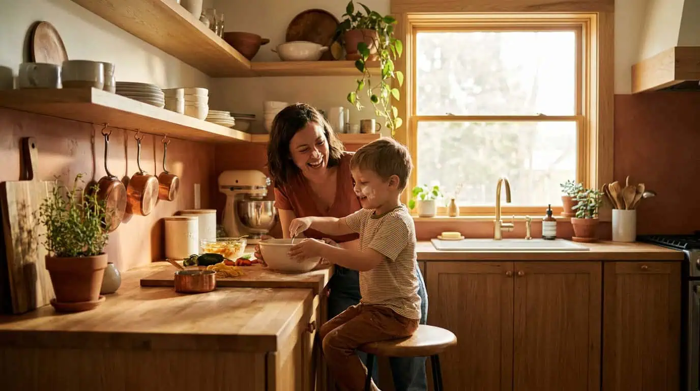 parent préparant le repas avec son enfant dans une cuisine lumineuse, ambiance conviviale, tons chauds