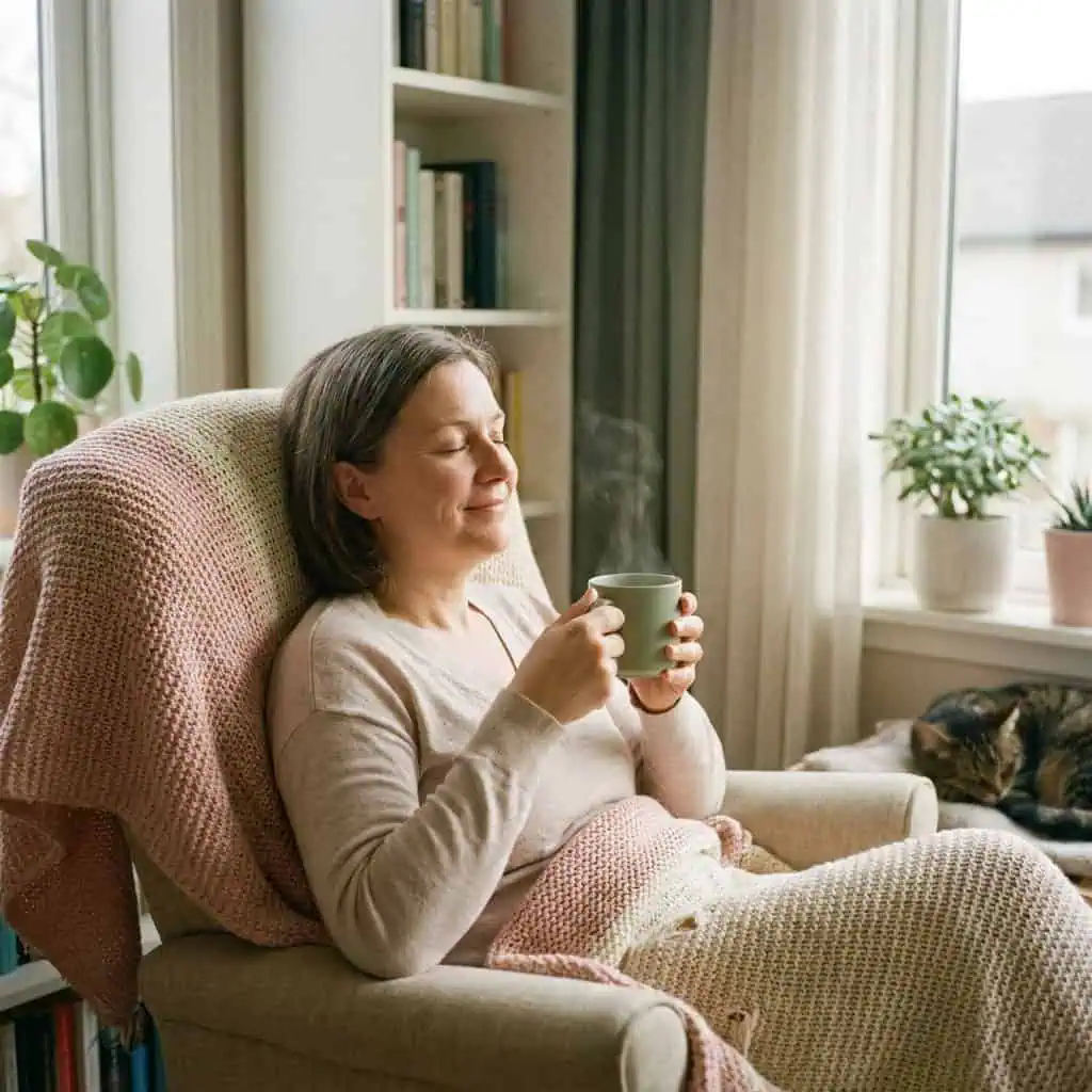 parent se détendant un instant (tasse de thé, lecture), lumière douce, ambiance calme et apaisante, tons pastel