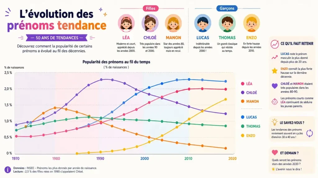 prénoms tendance évolution popularité au fil des années
