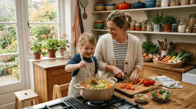 Renforcer l'immunité de l'enfant avec alimentation équilibrée, maman et fille en cuisine