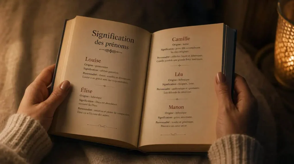 signification des prénoms dans un livre ouvert tenu par une maman