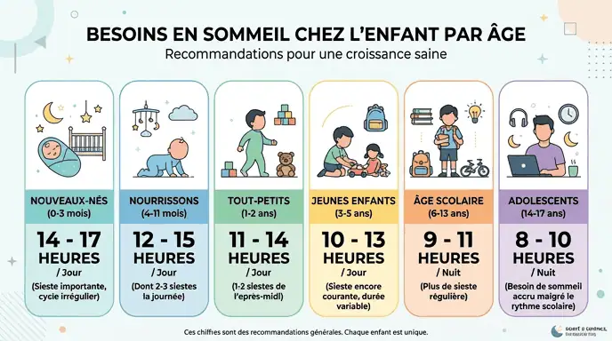 tableau besoins sommeil enfant par âge nourrisson préadolescent