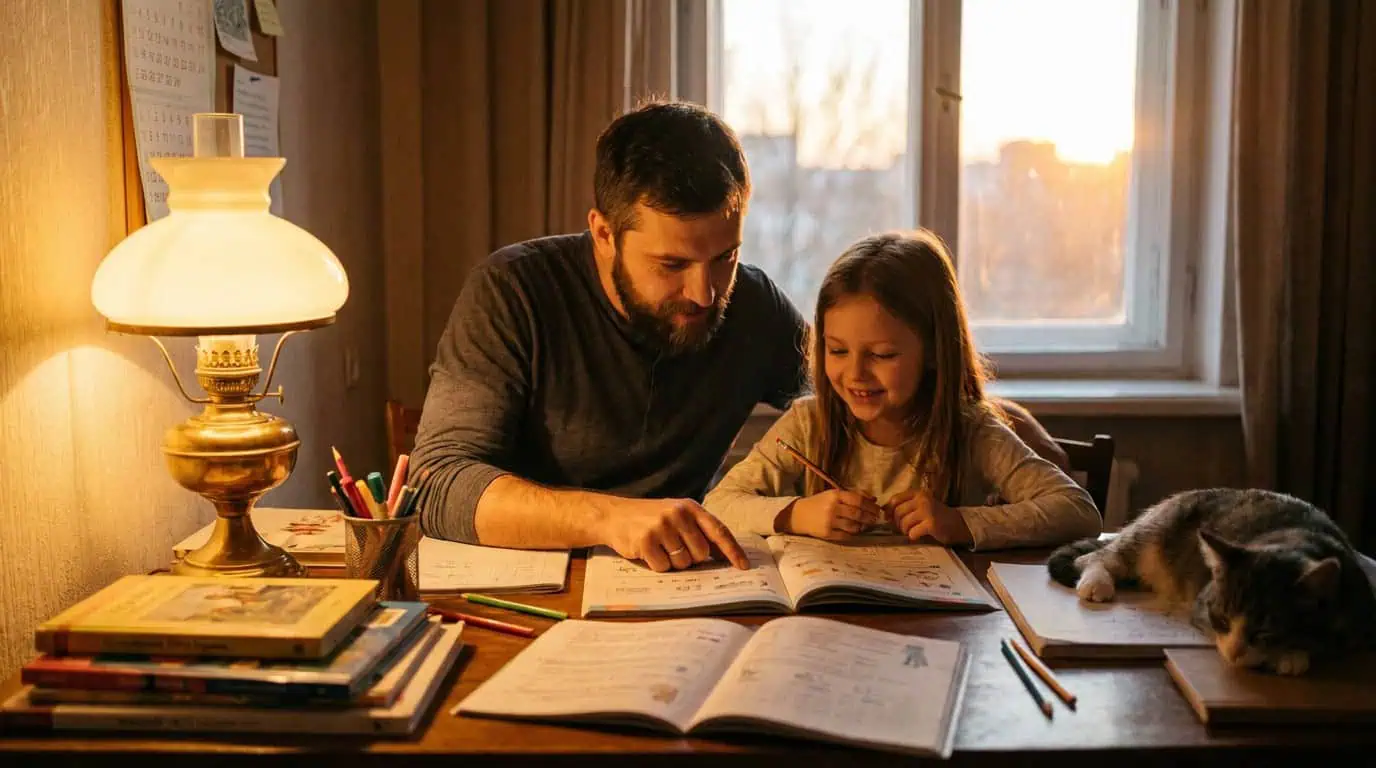un père aidant son enfant à faire ses devoirs à la maison, lumière chaleureuse, ambiance studieuse et douce