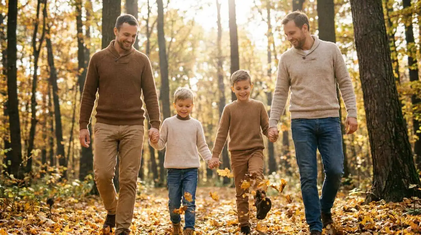 une famille qui se promène en extérieur, automne ou printemps, lumière naturelle, ambiance sereine