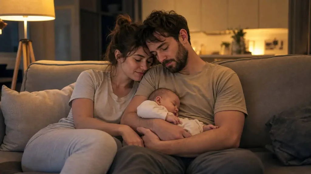 vie de couple bébé, jeunes parents fatigués mais complices avec leur nouveau-né