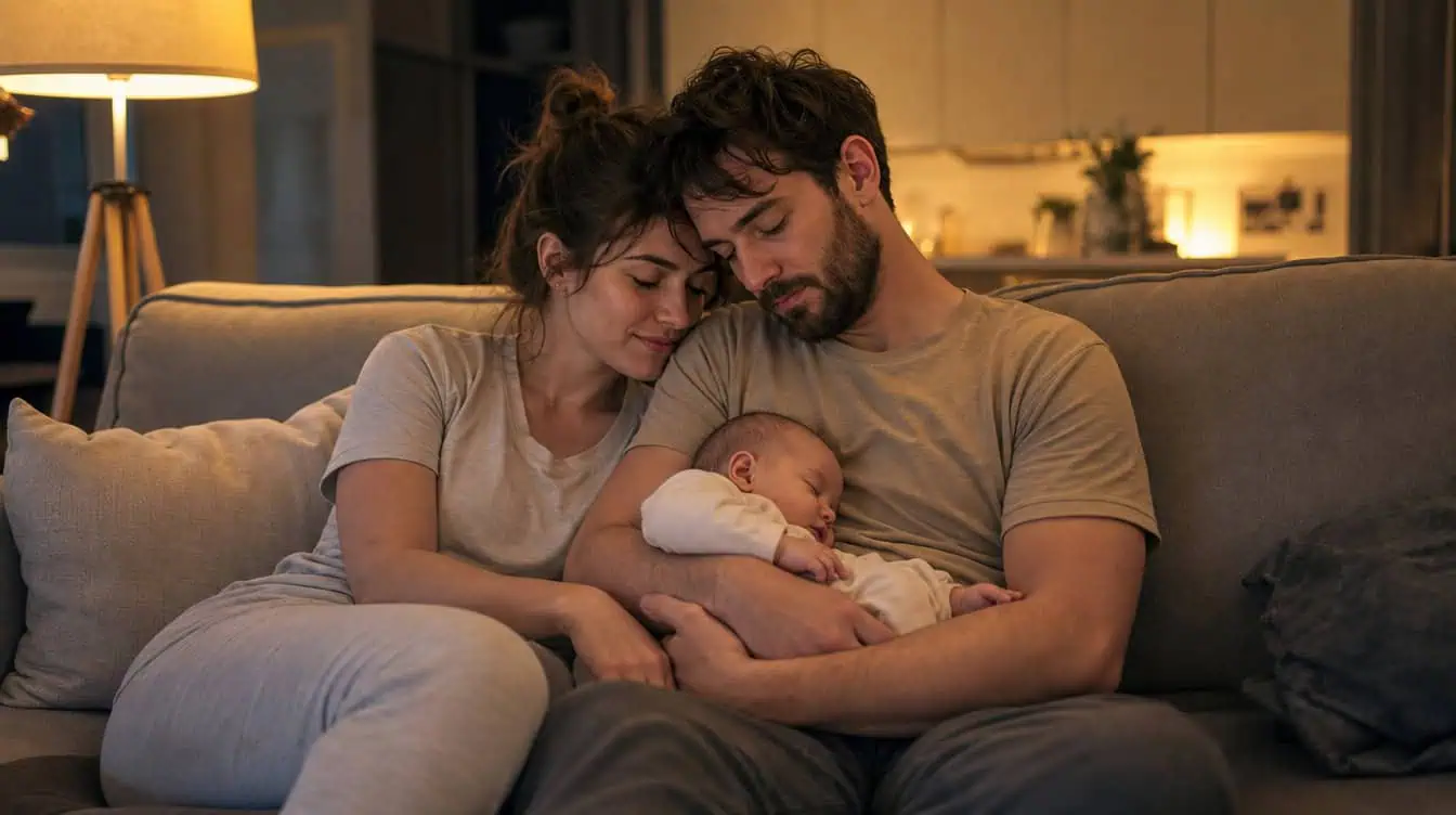 vie de couple bébé, jeunes parents fatigués mais complices avec leur nouveau-né