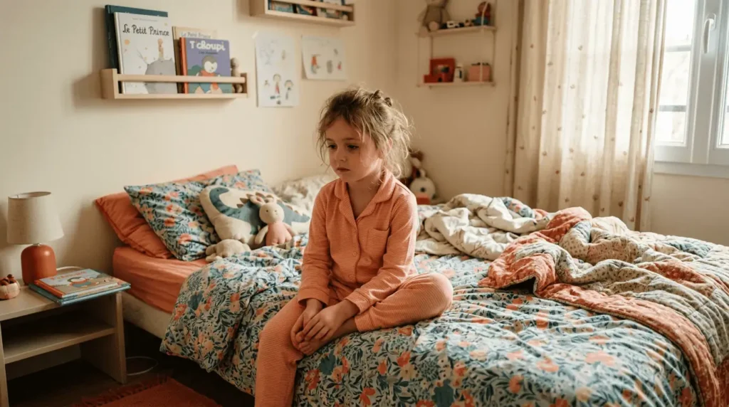 Enfant confronté à l'énurésie nocturne au réveil dans sa chambre