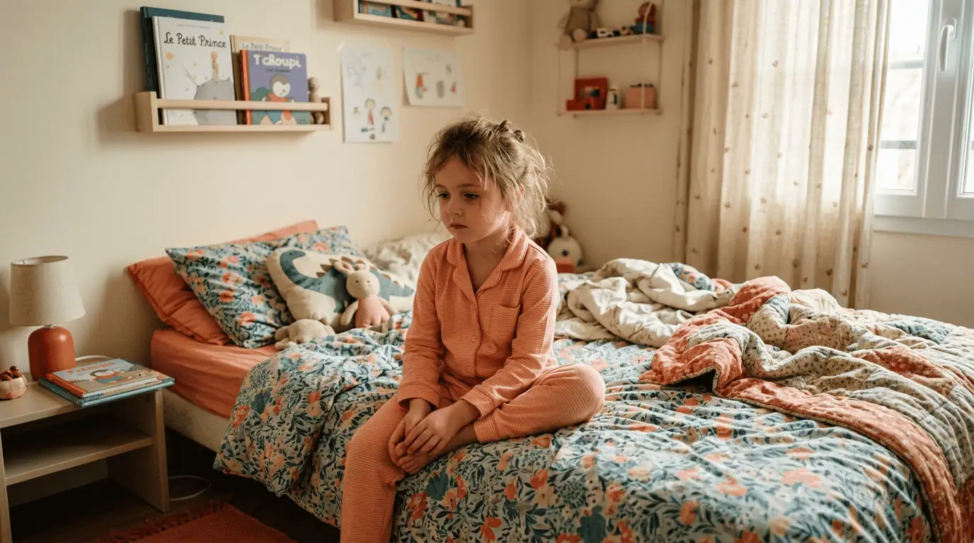 Enfant confronté à l'énurésie nocturne au réveil dans sa chambre