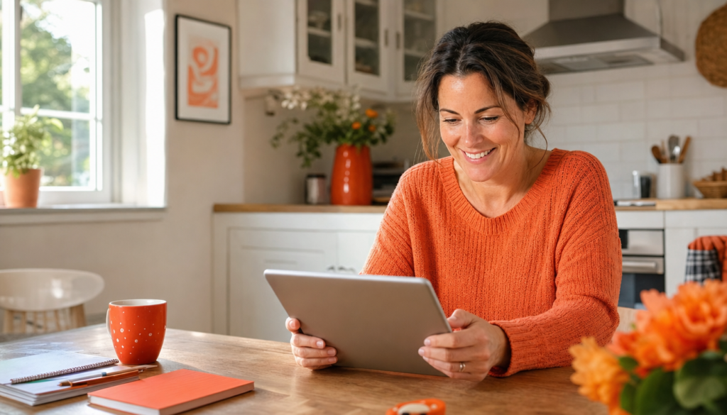 Maman consultant ent77 sur tablette dans sa cuisine