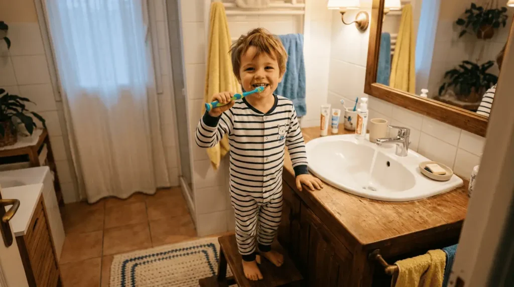 à quel âge un enfant se lave les dents seul, enfant avec brosse à dents