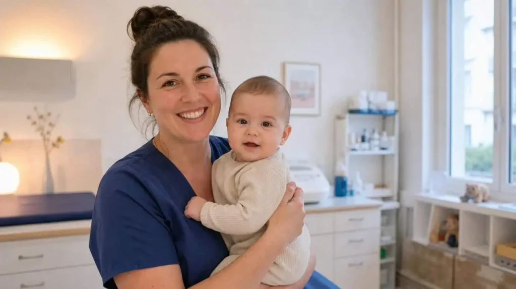 calendrier vaccinal bébé - nourrisson dans les bras dune sage-femme lors dune consultation