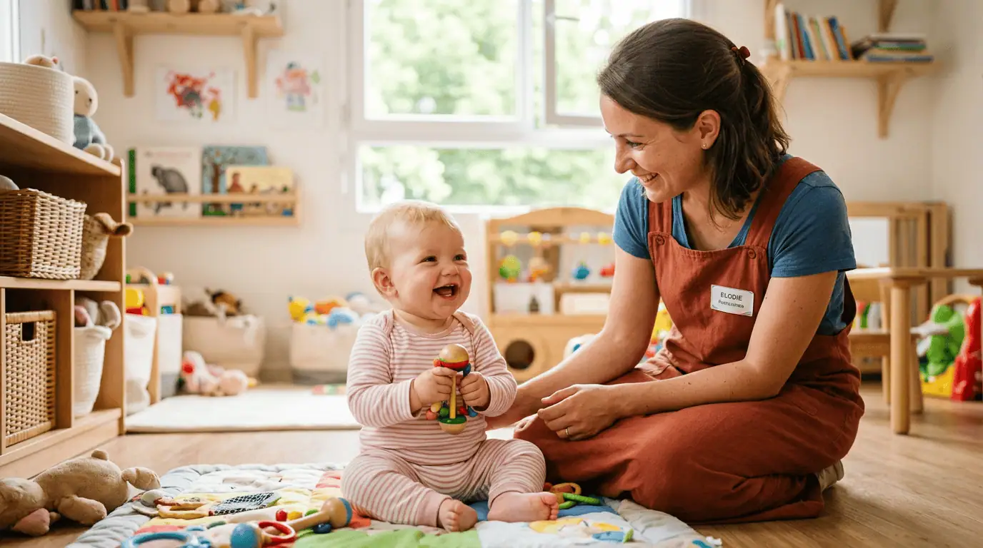 crèche ou nounou bébé heureux en crèche avec une puéricultrice