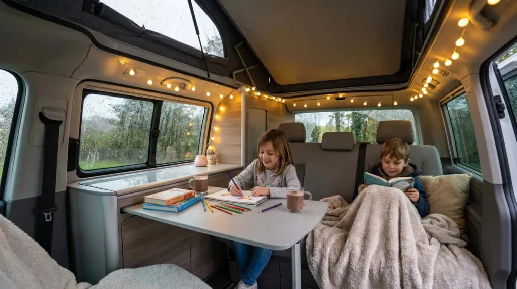 enfants occupés avec activités créatives dans un van aménagé pendant un road trip famille