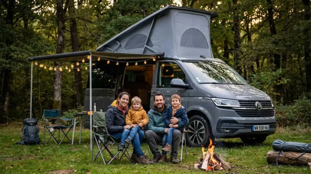 famille voyageant en van aménagé avec enfants en pleine nature