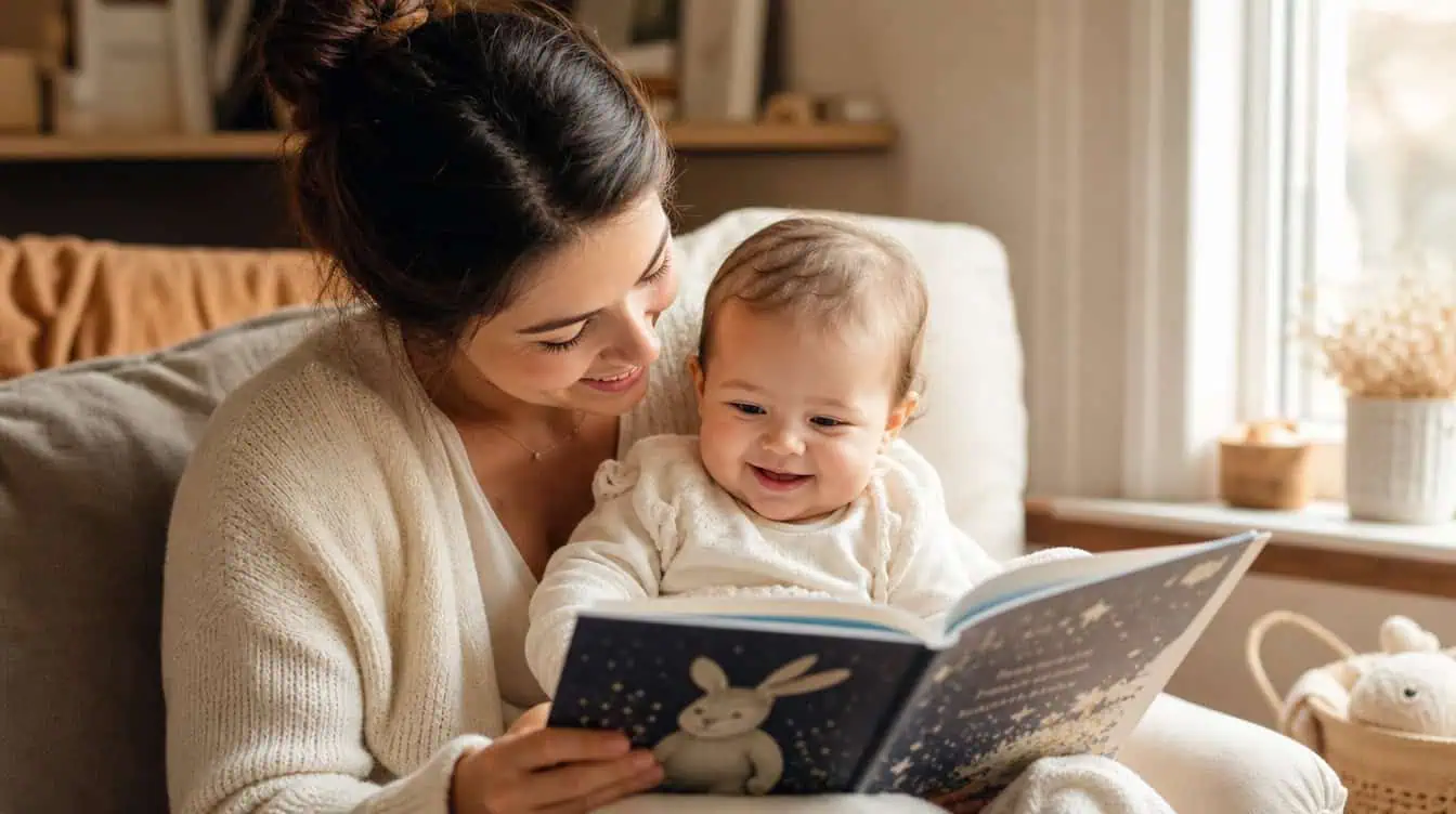maman lisant un livre à son bébé pour stimuler le développement du langage