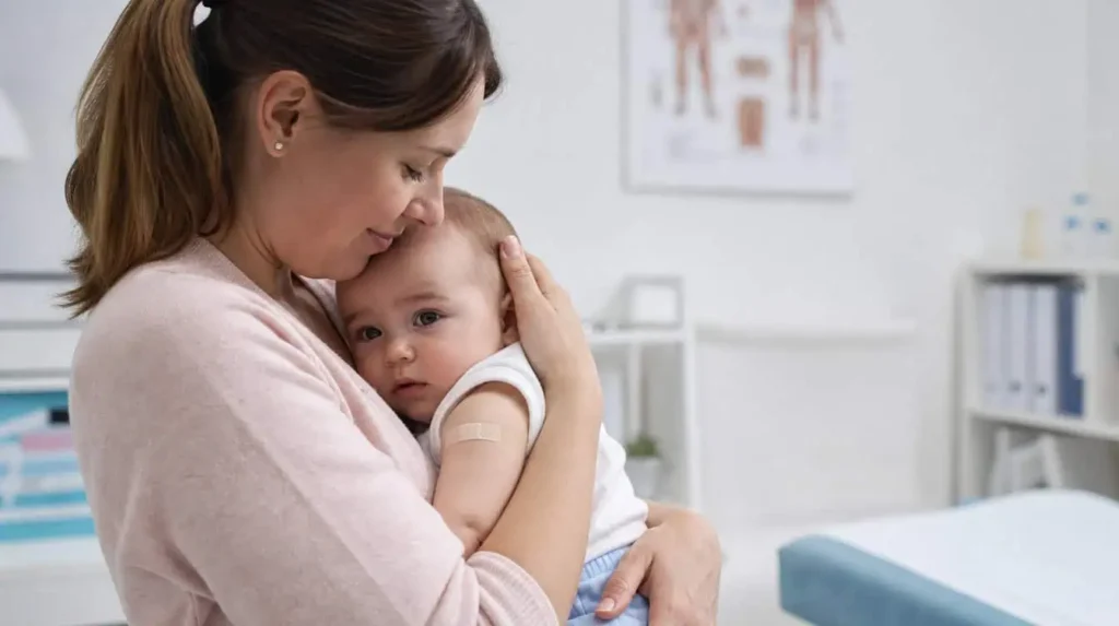 maman réconforte bébé après vaccin ROR effets secondaires normaux