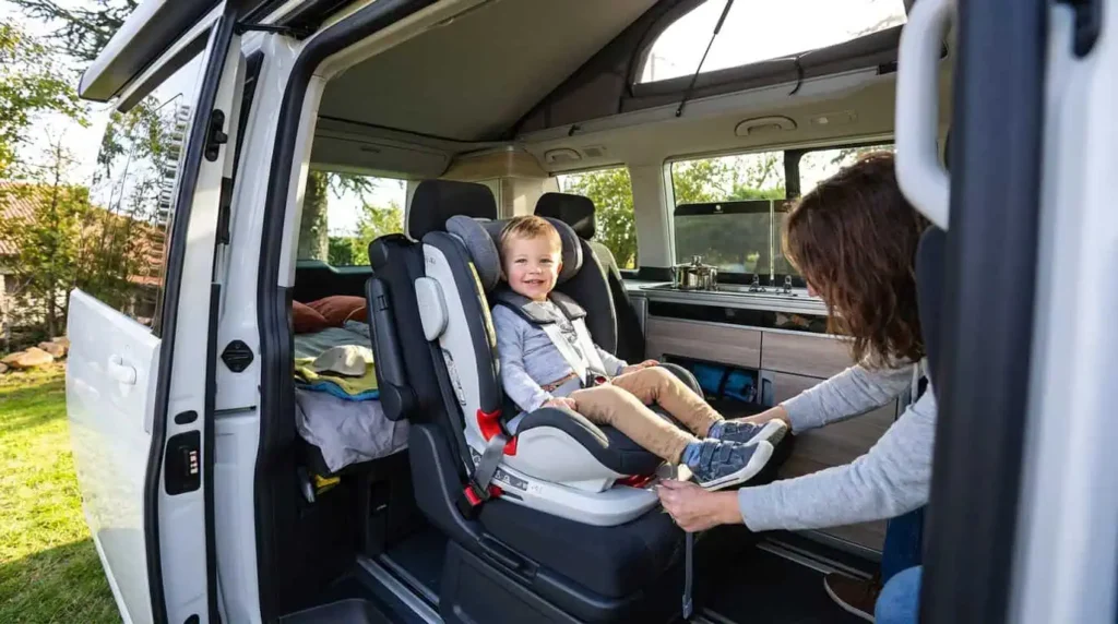 siège auto enfant homologué installé correctement dans un van aménagé