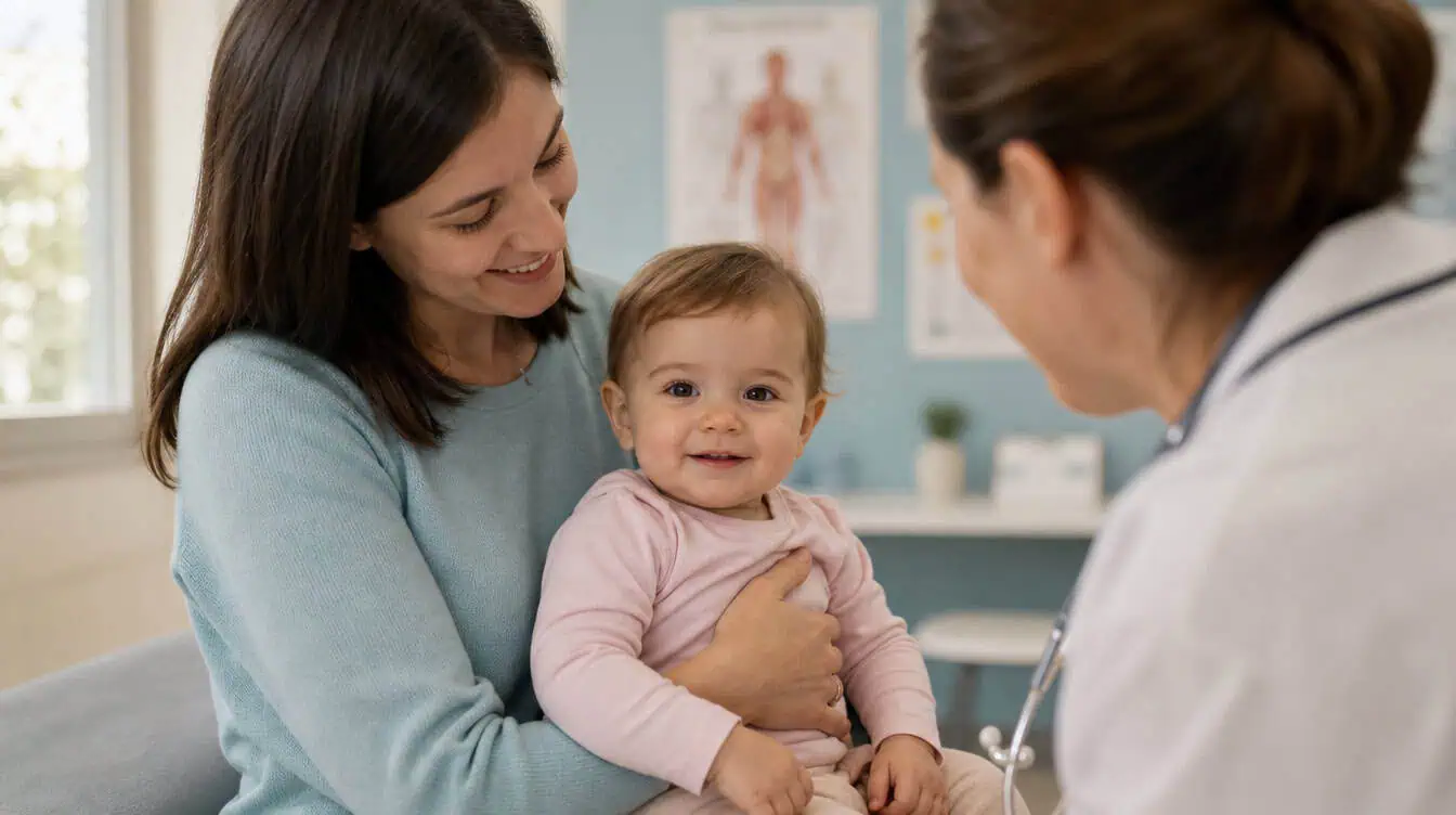 vaccin ROR bébé 12 mois dans les bras de sa maman chez le pédiatre