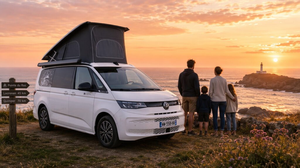van aménagé familial garé face à la mer en Bretagne, destination idéale en France2