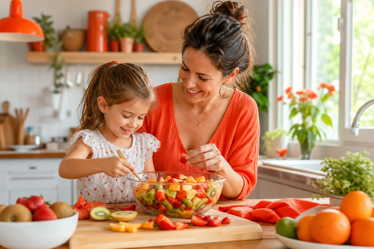 alimentation santé enfant en famille dans une cuisine lumineuse