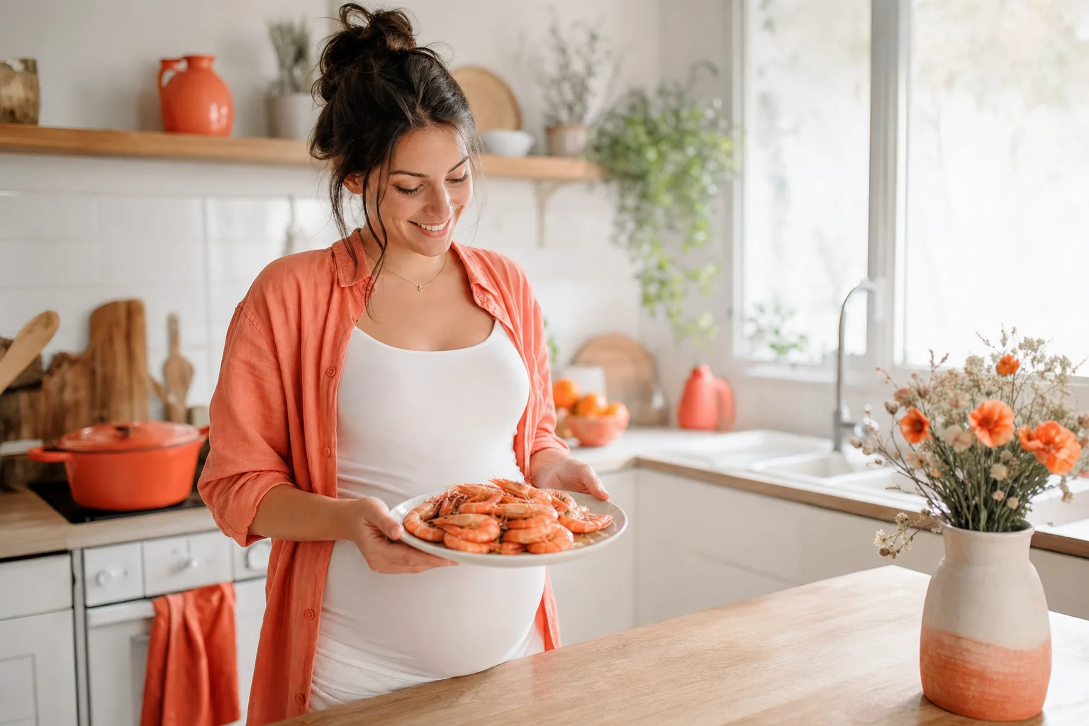 femme enceinte mangeant des crevettes
